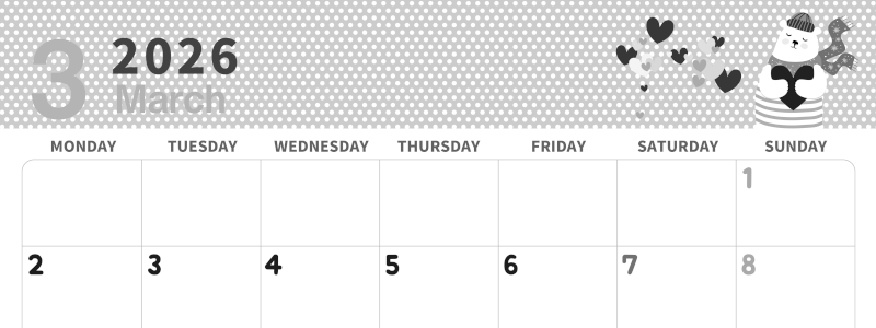 2026年3月横型モノクロの月曜始まり 白熊イラストのおしゃれA4無料白黒カレンダー(2026-00320301)