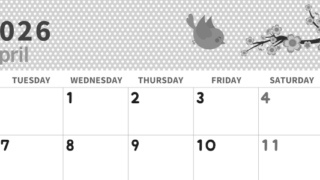 2026年4月横型モノクロの月曜始まり ウグイスイラストのおしゃれA4無料白黒カレンダー(2026-00320401)