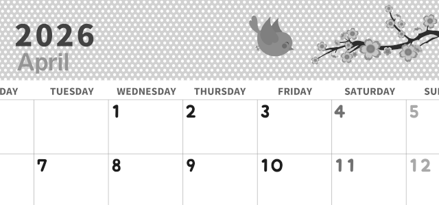 2026年4月横型モノクロの月曜始まり ウグイスイラストのおしゃれA4無料白黒カレンダー(2026-00320401)