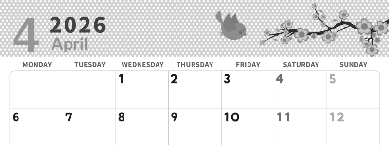 2026年4月横型モノクロの月曜始まり ウグイスイラストのおしゃれA4無料白黒カレンダー(2026-00320401)