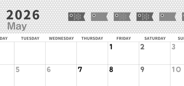 2026年5月横型モノクロの月曜始まり 子供の日イラストのおしゃれA4無料白黒カレンダー(2026-00320501)