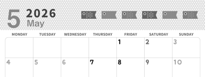 2026年5月横型モノクロの月曜始まり 子供の日イラストのおしゃれA4無料白黒カレンダー(2026-00320501)