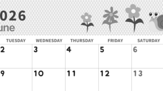 2026年6月横型モノクロの月曜始まり かたつむりイラストのおしゃれA4無料白黒カレンダー(2026-00320601)