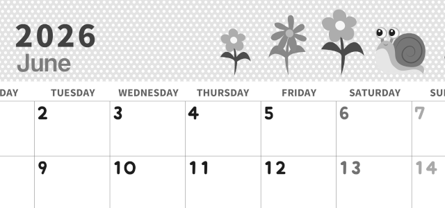 2026年6月横型モノクロの月曜始まり かたつむりイラストのおしゃれA4無料白黒カレンダー(2026-00320601)