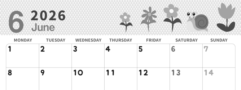 2026年6月横型モノクロの月曜始まり かたつむりイラストのおしゃれA4無料白黒カレンダー(2026-00320601)