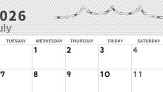 2026年7月横型モノクロの月曜始まり 輪飾りイラストのおしゃれA4無料白黒カレンダー(2026-00320701)