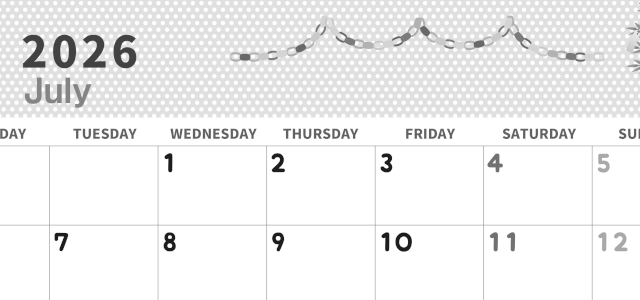 2026年7月横型モノクロの月曜始まり 輪飾りイラストのおしゃれA4無料白黒カレンダー(2026-00320701)