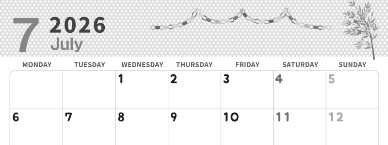 2026年7月横型モノクロの月曜始まり 輪飾りイラストのおしゃれA4無料白黒カレンダー(2026-00320701)