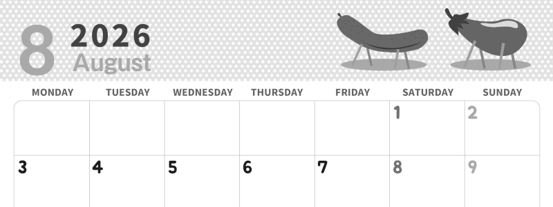 2026年8月横型モノクロの月曜始まり 野菜イラストのおしゃれA4無料白黒カレンダー(2026-00320801)