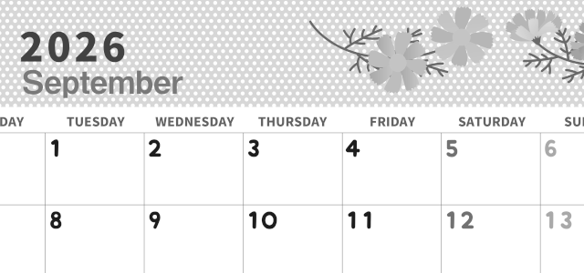 2026年9月横型モノクロの月曜始まり コスモスがおしゃれなイラスト白黒カレンダー(2026-00320901)