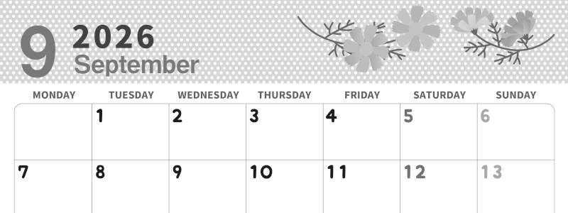 2026年9月横型モノクロの月曜始まり コスモスがおしゃれなイラスト白黒カレンダー(2026-00320901)