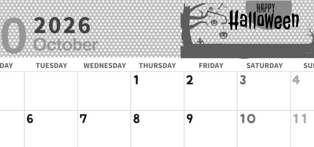 2026年10月横型モノクロの月曜始まり ハロウィンイラストのおしゃれA4無料白黒カレンダー(2026-00321001)