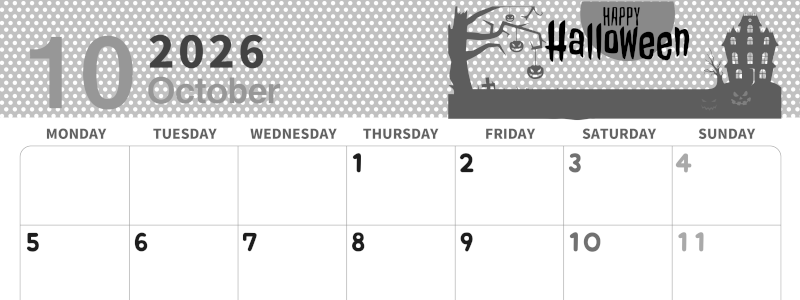 2026年10月横型モノクロの月曜始まり ハロウィンイラストのおしゃれA4無料白黒カレンダー(2026-00321001)