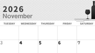 2026年11月横型モノクロの月曜始まり ワインがおしゃれなイラスト白黒カレンダー(2026-00321101)