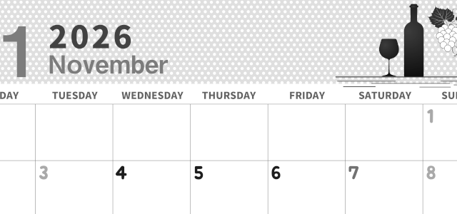 2026年11月横型モノクロの月曜始まり ワインがおしゃれなイラスト白黒カレンダー(2026-00321101)