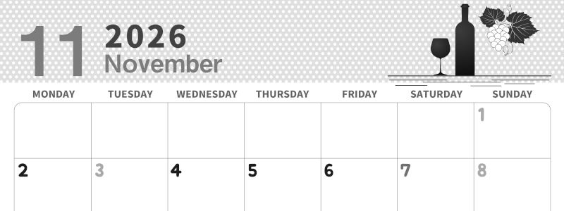 2026年11月横型モノクロの月曜始まり ワインがおしゃれなイラスト白黒カレンダー(2026-00321101)