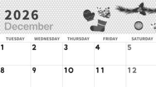 2026年12月横型モノクロの月曜始まり クリスマスイラストのおしゃれA4無料白黒カレンダー(2026-00321201)