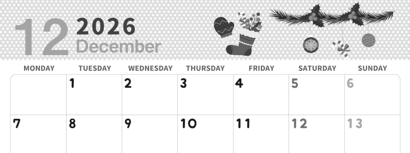 2026年12月横型モノクロの月曜始まり クリスマスイラストのおしゃれA4無料白黒カレンダー(2026-00321201)