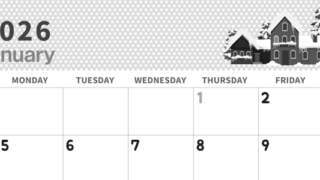 2026年1月横型モノクロの日曜始まり 雪景色イラストのおしゃれA4無料白黒カレンダー(2026-00320100)
