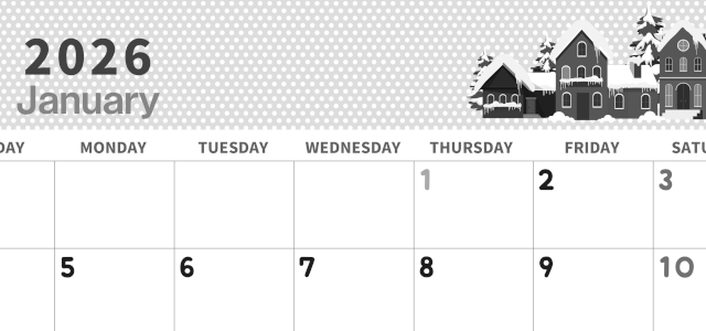 2026年1月横型モノクロの日曜始まり 雪景色イラストのおしゃれA4無料白黒カレンダー(2026-00320100)