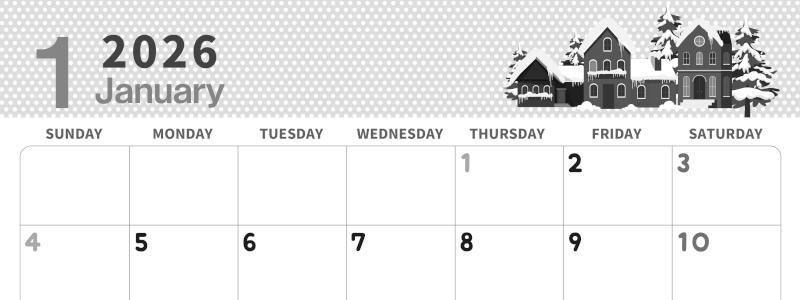 2026年1月横型モノクロの日曜始まり 雪景色イラストのおしゃれA4無料白黒カレンダー(2026-00320100)