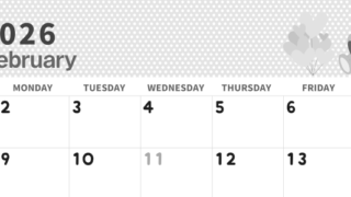 2026年2月横型モノクロの日曜始まり テディベアがおしゃれイラスト白黒カレンダー(2026-00320200)