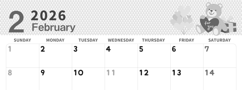 2026年2月横型モノクロの日曜始まり テディベアがおしゃれイラスト白黒カレンダー(2026-00320200)