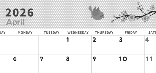 2026年4月横型モノクロの日曜始まり ウグイスイラストのおしゃれA4無料白黒カレンダー(2026-00320400)