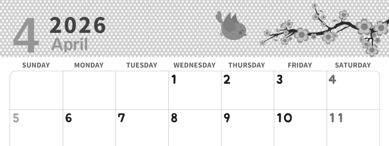 2026年4月横型モノクロの日曜始まり ウグイスイラストのおしゃれA4無料白黒カレンダー(2026-00320400)
