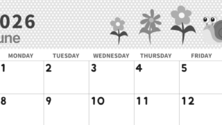 2026年6月横型モノクロの日曜始まり かたつむりイラストのおしゃれA4無料白黒カレンダー(2026-00320600)