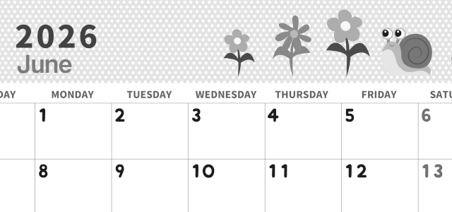 2026年6月横型モノクロの日曜始まり かたつむりイラストのおしゃれA4無料白黒カレンダー(2026-00320600)