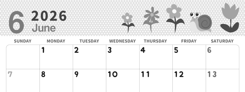 2026年6月横型モノクロの日曜始まり かたつむりイラストのおしゃれA4無料白黒カレンダー(2026-00320600)