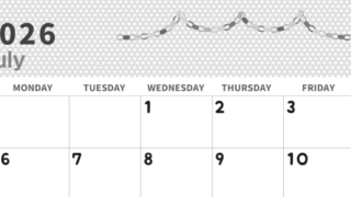 2026年7月横型モノクロの日曜始まり 輪飾りイラストのおしゃれA4無料白黒カレンダー(2026-00320700)