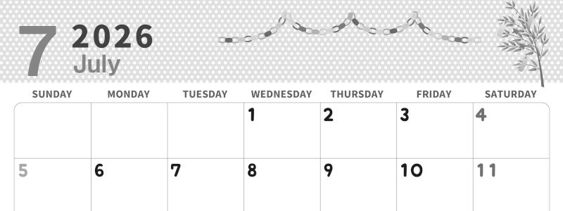 2026年7月横型モノクロの日曜始まり 輪飾りイラストのおしゃれA4無料白黒カレンダー(2026-00320700)