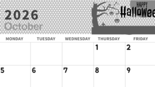2026年10月横型モノクロの日曜始まり ハロウィンイラストのおしゃれA4無料白黒カレンダー(2026-00321000)
