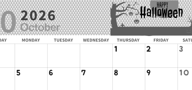 2026年10月横型モノクロの日曜始まり ハロウィンイラストのおしゃれA4無料白黒カレンダー(2026-00321000)