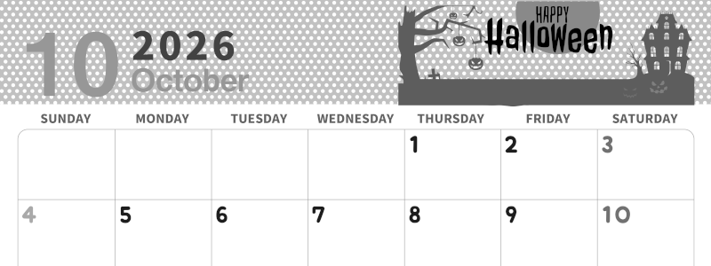 2026年10月横型モノクロの日曜始まり ハロウィンイラストのおしゃれA4無料白黒カレンダー(2026-00321000)