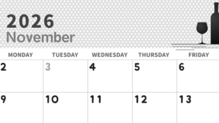 2026年11月横型モノクロの日曜始まり ワインがおしゃれなイラスト白黒カレンダー(2026-00321100)