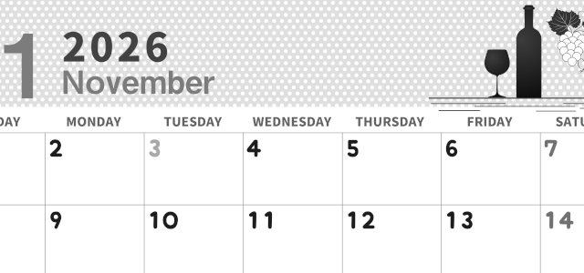 2026年11月横型モノクロの日曜始まり ワインがおしゃれなイラスト白黒カレンダー(2026-00321100)