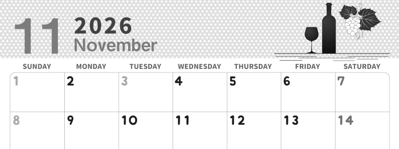 2026年11月横型モノクロの日曜始まり ワインがおしゃれなイラスト白黒カレンダー(2026-00321100)
