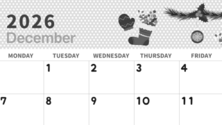 2026年12月横型モノクロの日曜始まり クリスマスイラストのおしゃれA4無料白黒カレンダー(2026-00321200)