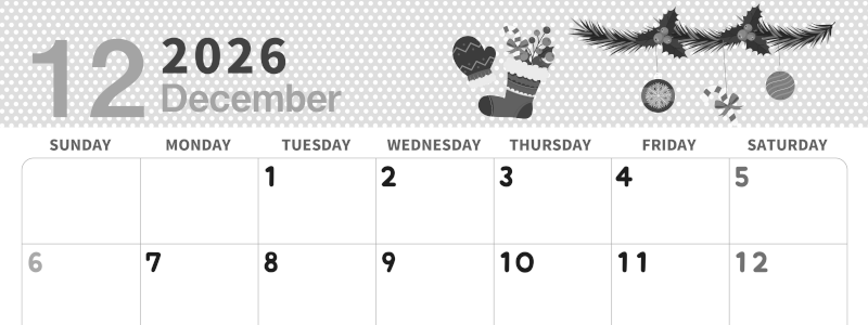 2026年12月横型モノクロの日曜始まり クリスマスイラストのおしゃれA4無料白黒カレンダー(2026-00321200)