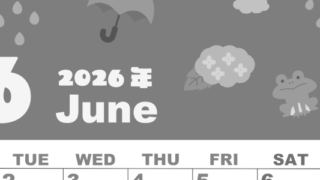 2026年6月縦型モノクロの月曜始まり 雨イラストのかわいいA4無料白黒カレンダー(2026-00330611)