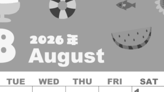 2026年8月縦型モノクロの月曜始まり 夏休みイラストのかわいいA4無料白黒カレンダー(2026-00330811)