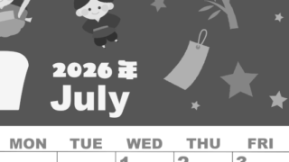 2026年7月縦型モノクロの日曜始まり 織姫彦星イラストのかわいいA4無料白黒カレンダー(2026-00330710)
