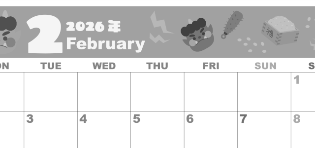 2026年2月横型モノクロの月曜始まり 赤鬼と青鬼がかわいいイラストA4無料白黒カレンダー(2026-00330201)