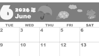 2026年6月横型モノクロの月曜始まり 雨イラストのかわいいA4無料白黒カレンダー(2026-00330601)