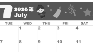 2026年7月横型モノクロの月曜始まり 織姫彦星イラストのかわいいA4無料白黒カレンダー(2026-00330701)