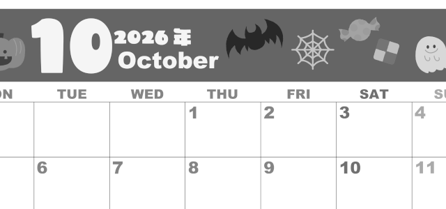 2026年10月横型モノクロの月曜始まり お菓子イラストのかわいいA4無料白黒カレンダー(2026-00331001)