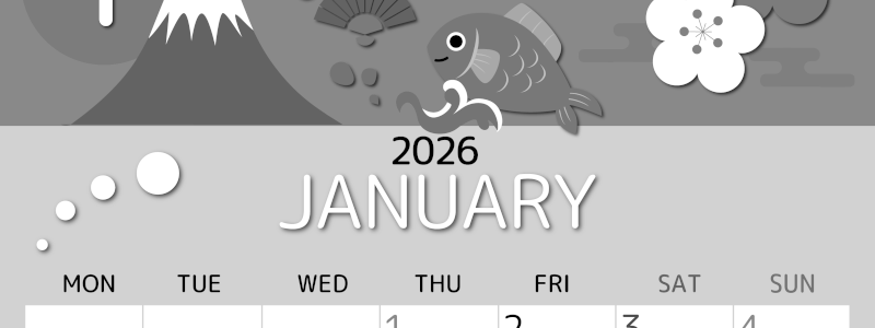 2026年1月縦型モノクロの月曜始まり 和風な新春イラストのかわいいA4無料白黒カレンダー(2026-00340111)